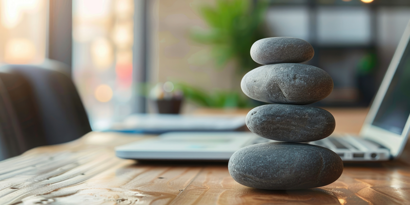 Rocks sit in front of a computer