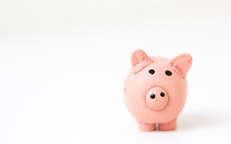 Pink piggy bank against a white background