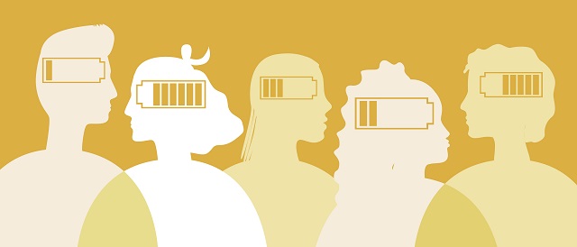 Burnout Article Header image A line of faces in profile on a golden yellow background