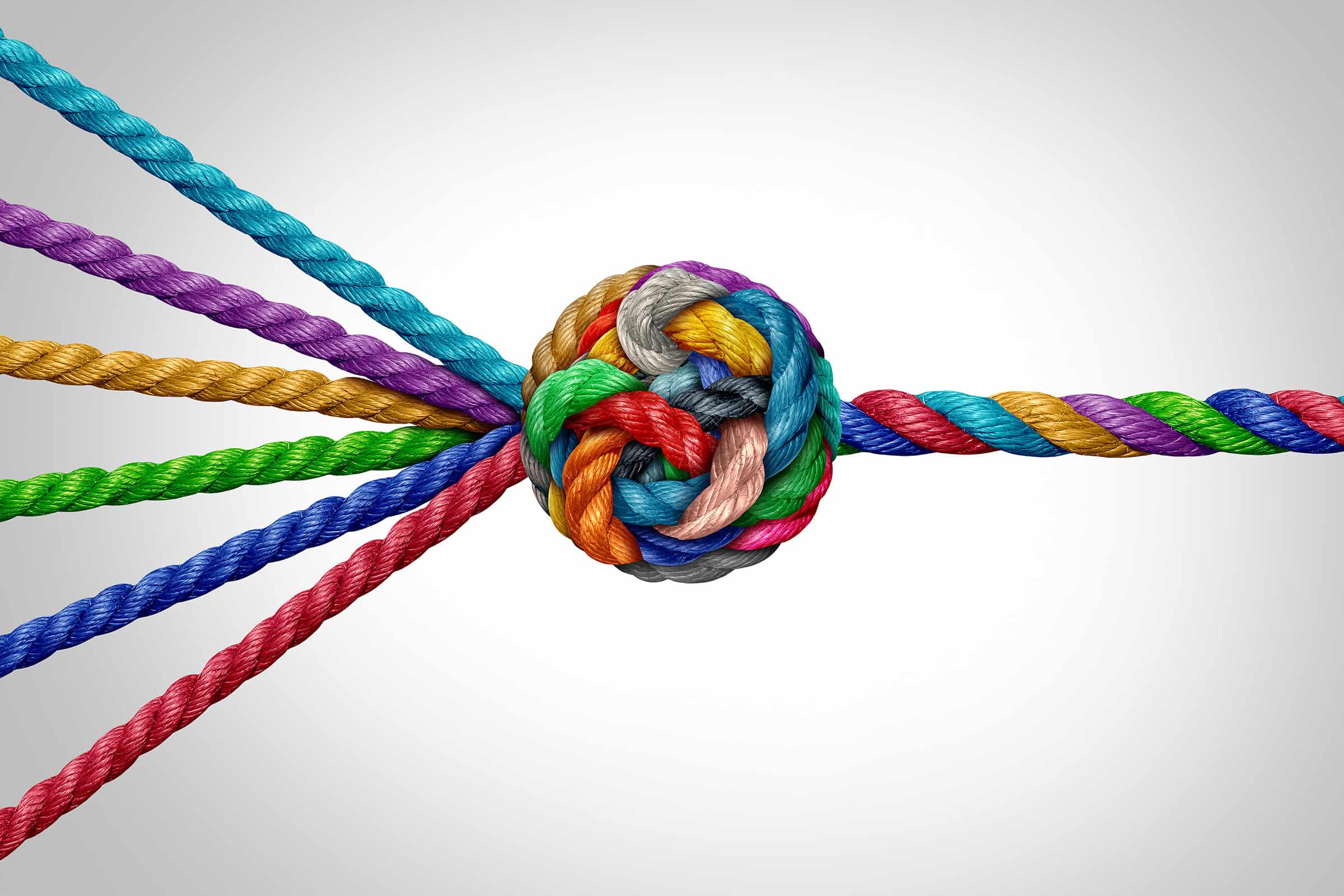 Multi-colored ropes joining together as one