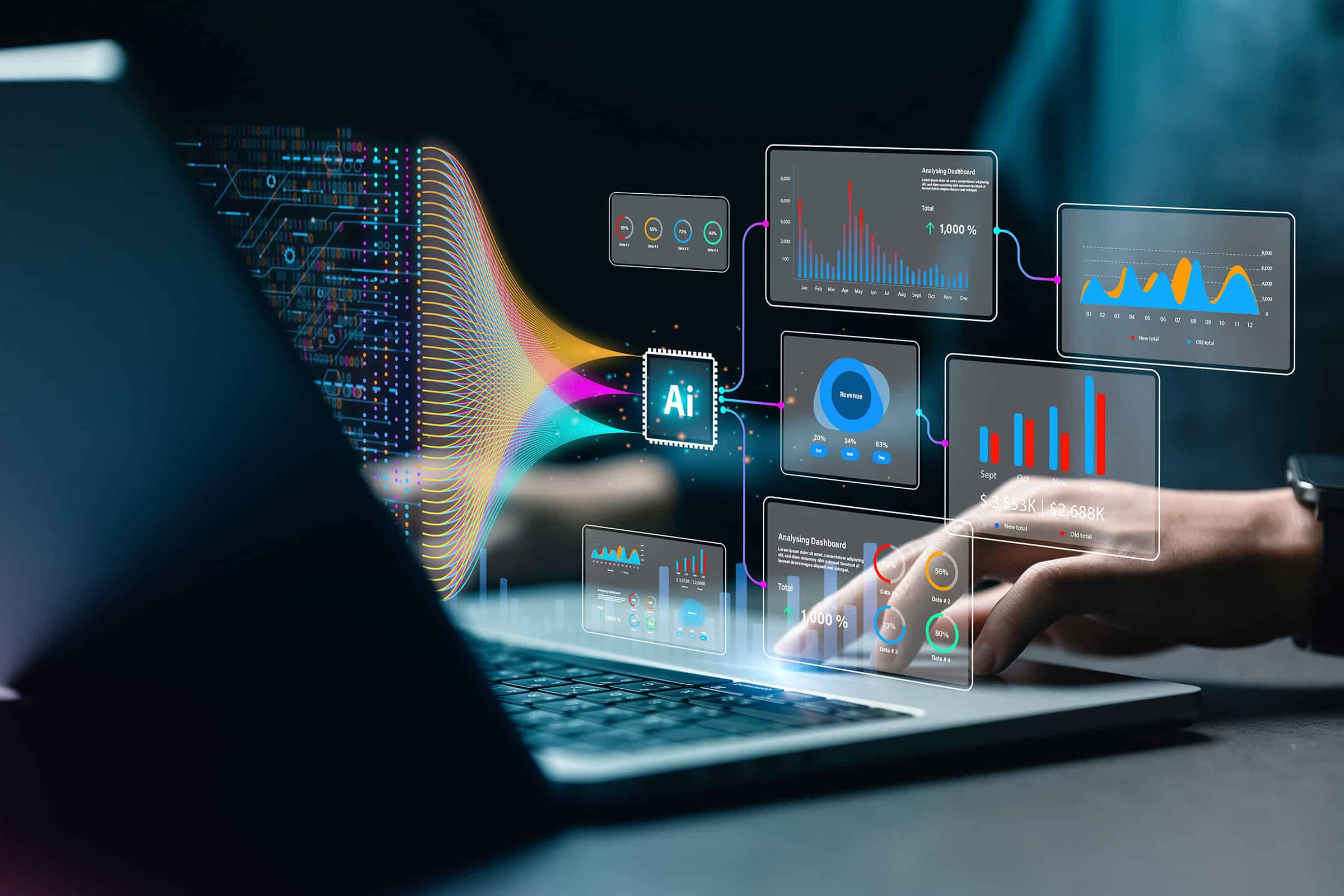 hand using computer with AI imagery