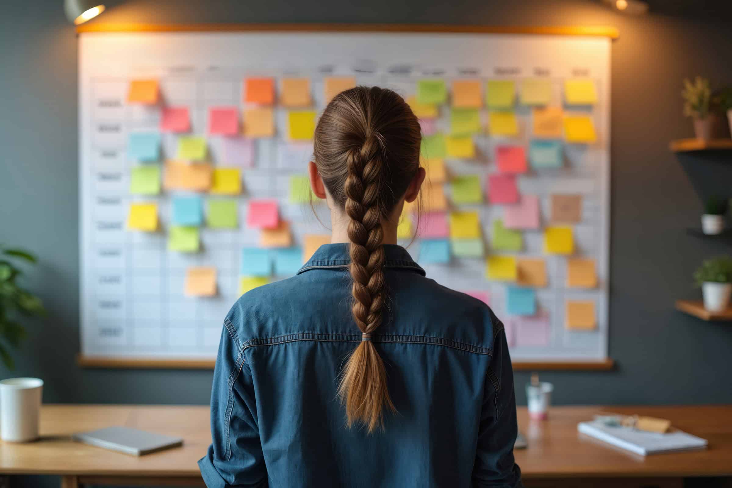 Young woman uses a visual schedule for planning tasks and workflow.
