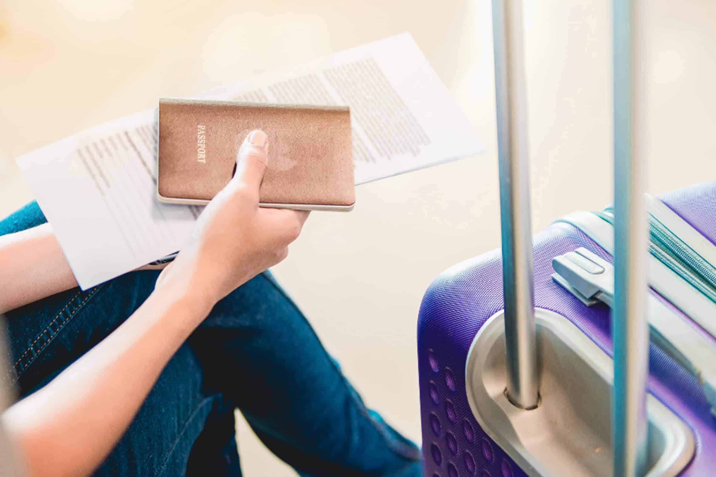 person holding passport with suitcase